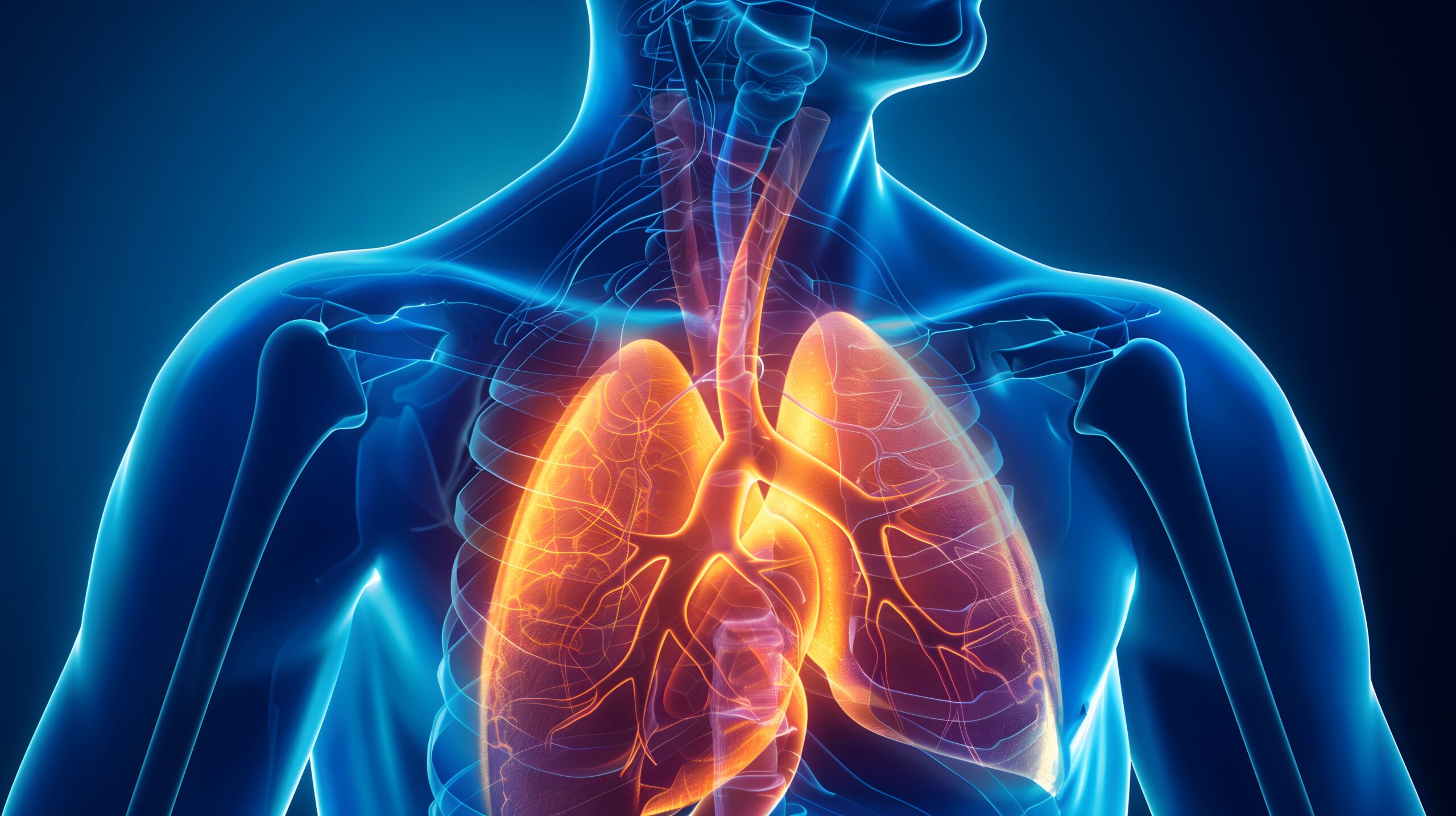 Lungs and Trachea - An illustration of the human upper body with glowing lungs and trachea in orange