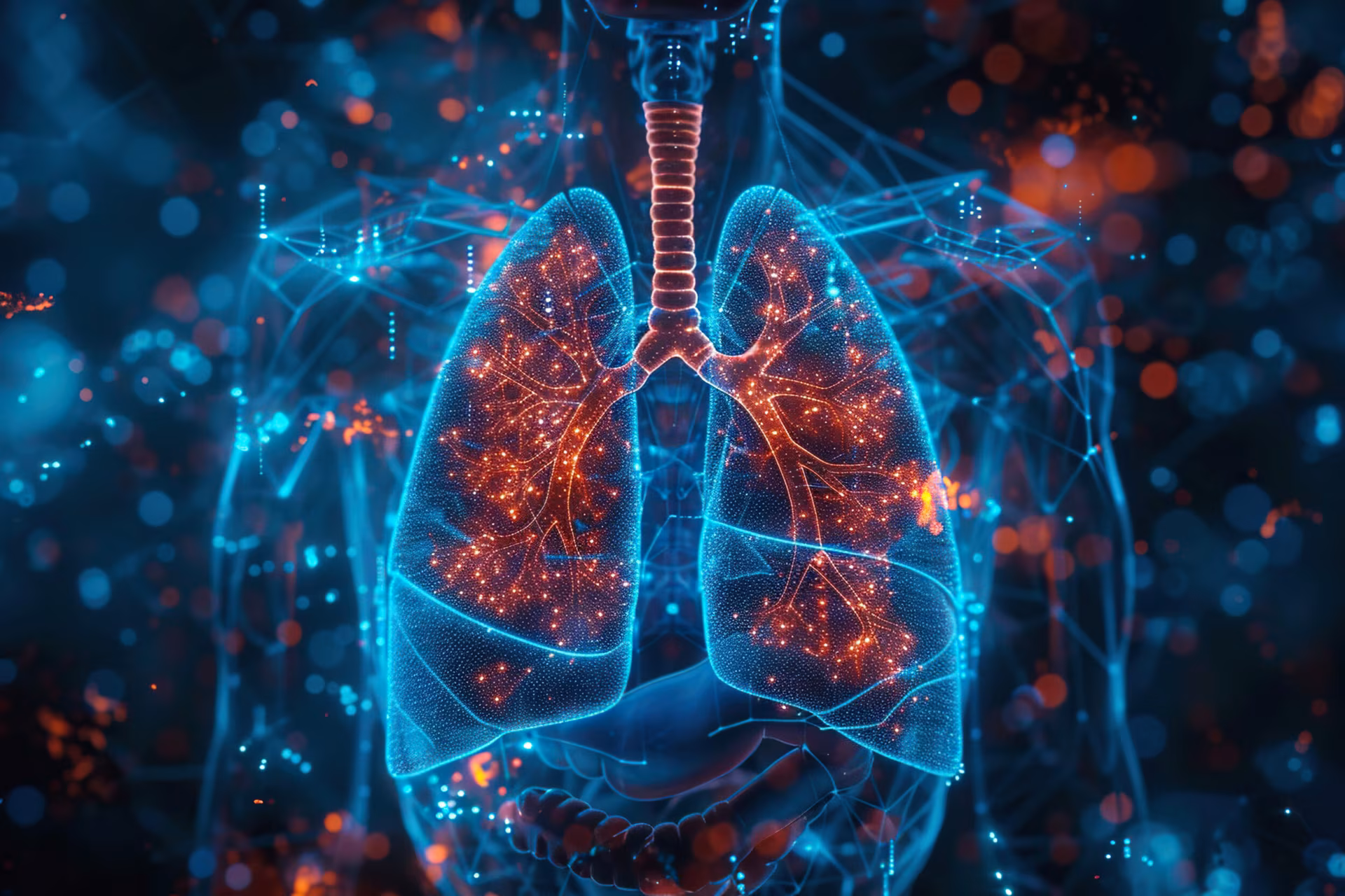 Image of human lungs in neural connections with neon background. Concept of innovation and medical technologies. Generated by artificial intelligence